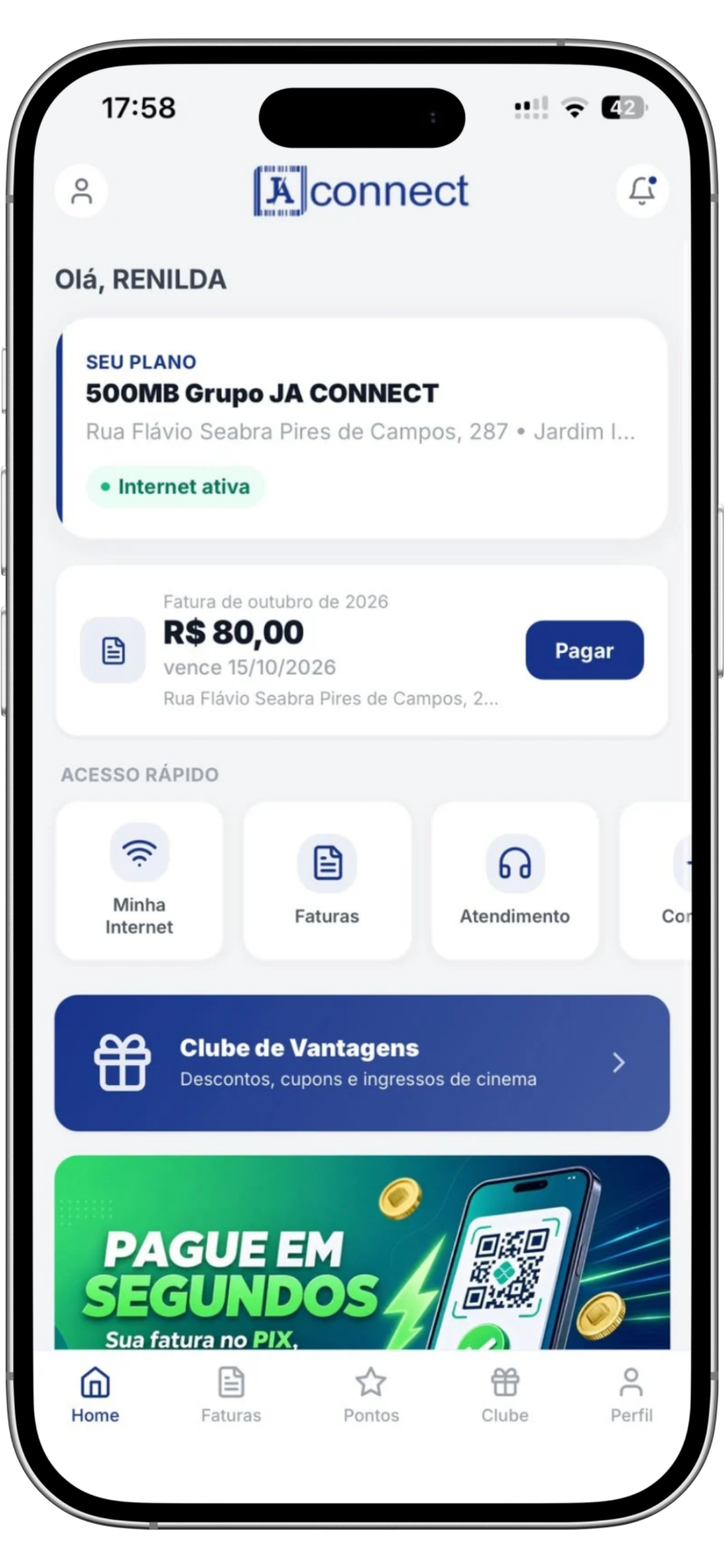 Tela do aplicativo JA Connect